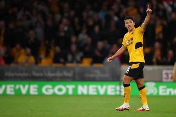 Hwang Hee-chan of Wolverhampton Wanderers celebrates scoring his penalty during the Carabao Cup Third Round match between Wolverhampton Wanderers and...