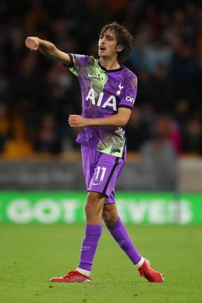 Bryan Gil of Tottenham Hotspur celebrates his penalty during the Carabao Cup Third Round match between Wolverhampton Wanderers and Tottenham Hotspur...