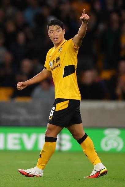 Hwang Hee-chan of Wolverhampton Wanderers celebrates scoring his penalty during the Carabao Cup Third Round match between Wolverhampton Wanderers and...
