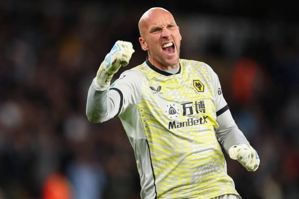 John Ruddy of Wolverhampton Wanderers celebrates during the Carabao Cup Third Round match between Wolverhampton Wanderers and Tottenham Hotspur at...