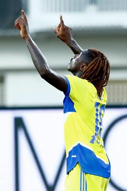 Moise Kean of Juventus celebrates after scoring his team's first goal during the Serie A match between Spezia Calcio and Juventus at Stadio Alberto...