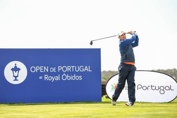 Alfie Plant of England plays his tee shot at the 10th hole during Day One of the Open de Portugal at Royal Obidos at Royal Obidos Spa & Golf Resort...