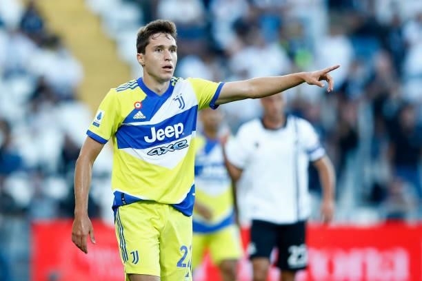 Federico Chiesa of Juventus gestures during the Serie A match between Spezia Calcio and Juventus at Stadio Alberto Picco on September 22, 2021 in La...