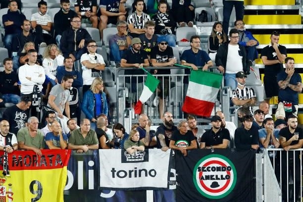 Supporters of FC Juventus during the Serie A match between Spezia Calcio and Juventus at Stadio Alberto Picco on September 22, 2021 in La Spezia,...