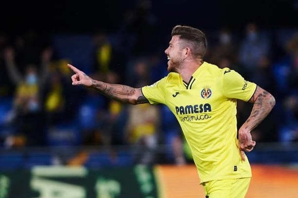 Alberto Moreno of Villarreal CF celebrates after scoring his team's fourth goal during the LaLiga Santander match between Villarreal CF and Elche CF...
