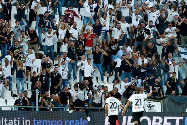 Supporters of AC Spezia during the Serie A match between Spezia Calcio and Juventus at Stadio Alberto Picco on September 22, 2021 in La Spezia, Italy.