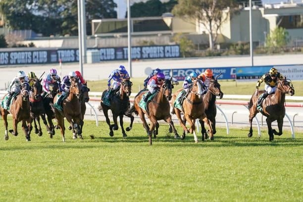 Office Jim ridden by Dean Holland wins the Settlers Run Golf & Country Club BM64 Handicap at Cranbourne Racecourse on September 23, 2021 in...
