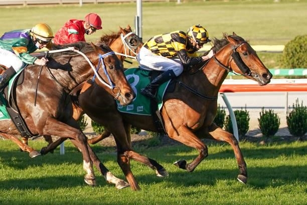 Laffalong ridden by Michael Dee wins the TAB Long May We Play BM64 Handicap at Cranbourne Racecourse on September 23, 2021 in Cranbourne, Australia.