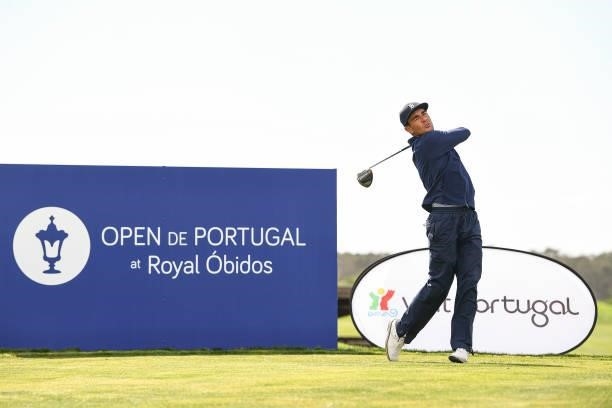 Hugo Leon of Chile plays his tee shot at the 10th hole during Day One of the Open de Portugal at Royal Obidos at Royal Obidos Spa & Golf Resort on...