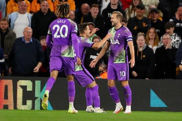 Harry Kane of Tottenham Hotspur celebrates after scoring a goal to make it 0-1 during the Carabao Cup Third Round match between Wolverhampton...