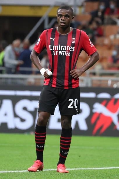 Pierre Kalulu of AC Milan looks on during the Serie A match between AC Milan and Venezia FC at Stadio Giuseppe Meazza on September 22, 2021 in Milan,...