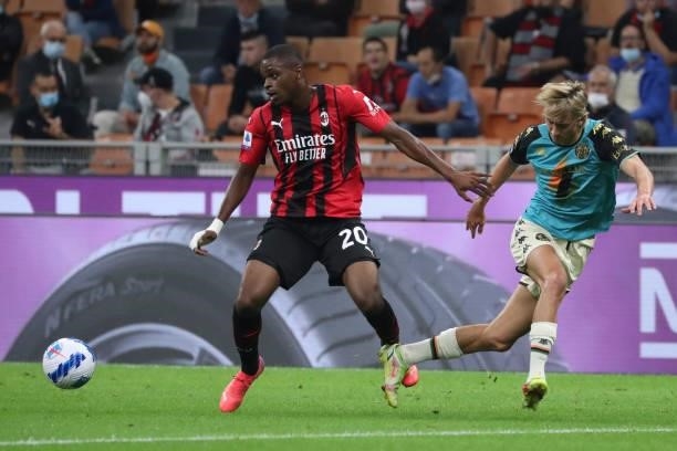 Pierre Kalulu of AC Milan in action during the Serie A match between AC Milan and Venezia FC at Stadio Giuseppe Meazza on September 22, 2021 in...