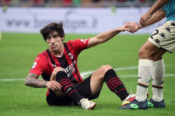 Sandro Tonali of AC Milan looks on during the Serie A match between AC Milan and Venezia FC at Stadio Giuseppe Meazza on September 22, 2021 in Milan,...