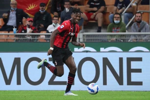 Rafael Leao of AC Milan in action during the Serie A match between AC Milan and Venezia FC at Stadio Giuseppe Meazza on September 22, 2021 in Milan,...
