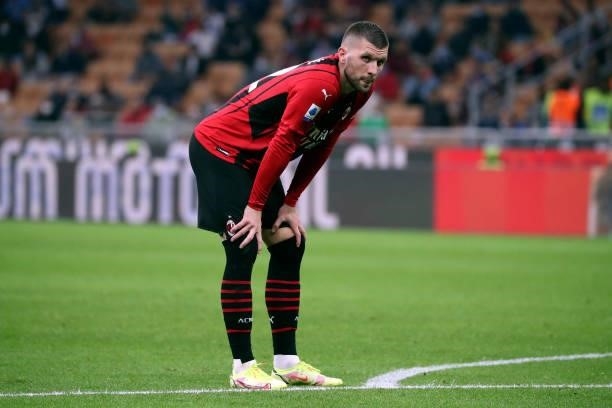 Ante Rebic of AC Milan looks on during the Serie A match between AC Milan and Venezia FC at Stadio Giuseppe Meazza on September 22, 2021 in Milan,...
