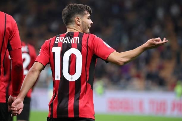 Brahim Díaz of AC Milan celebrates after scoring the opening goal during the Serie A match between AC Milan and Venezia FC at Stadio Giuseppe Meazza...
