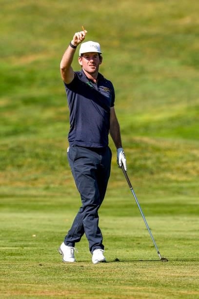 Josh Geary of New Zeland gestures on his second shot at the 17th hole during Day One of the Open de Portugal at Royal Obidos at Royal Obidos Spa &...