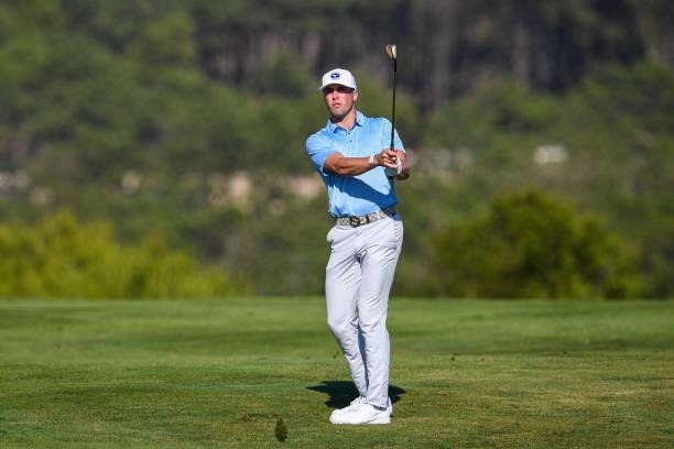Farrell of England plays his third shot at the 16th hole during Day One of the Open de Portugal at Royal Obidos at Royal Obidos Spa & Golf Resort on...