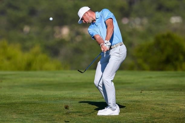 Farrell of England plays his third shot at the 16th hole during Day One of the Open de Portugal at Royal Obidos at Royal Obidos Spa & Golf Resort on...