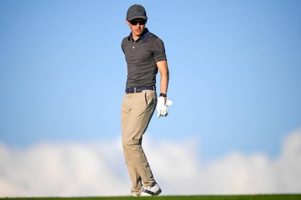 Daan Huizing of the Netherlands loos on after plays his tee shot at the 9th hole during Day One of the Open de Portugal at Royal Obidos at Royal...