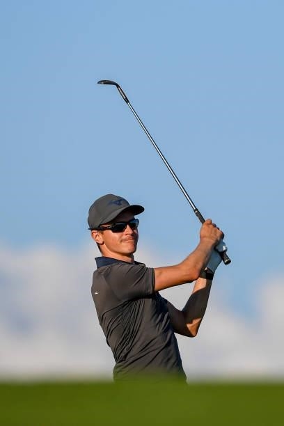 Daan Huizing of the Netherlands plays his second shot at the 9th hole during Day One of the Open de Portugal at Royal Obidos at Royal Obidos Spa &...