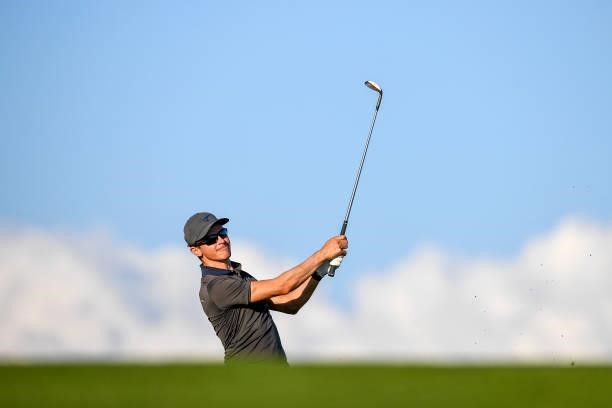 Daan Huizing of the Netherlands plays his second shot at the 9th hole during Day One of the Open de Portugal at Royal Obidos at Royal Obidos Spa &...