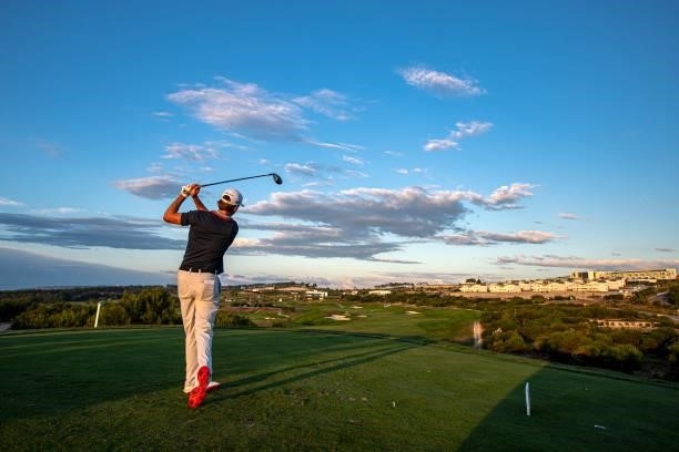 Pedro Figueiredo of Portugal plays his tee shot at the 18th hole during Day One of the Open de Portugal at Royal Obidos at Royal Obidos Spa & Golf...