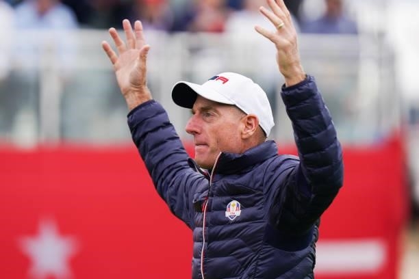 United States Ryder Cup Vice-Captain, Jim Furyk acknowledges the gallery on the first hole during a practice round for the 2020 Ryder Cup at...