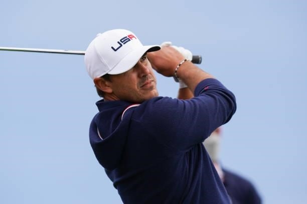 Brooks Koepka of team United States hits his tee shot during a practice round for the 2020 Ryder Cup at Whistling Straits on September 23, 2021 in...
