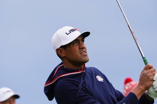 Tony Finau of team United States hits his tee shot during a practice round for the 2020 Ryder Cup at Whistling Straits on September 23, 2021 in...