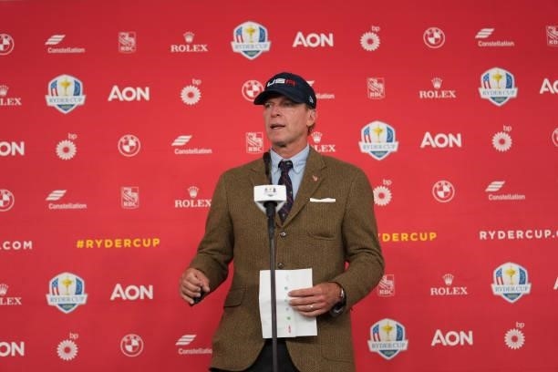United States Ryder Cup Captain, Steve Stricker speaks during a press conference for the 2020 Ryder Cup at Whistling Straits on September 23, 2021 in...