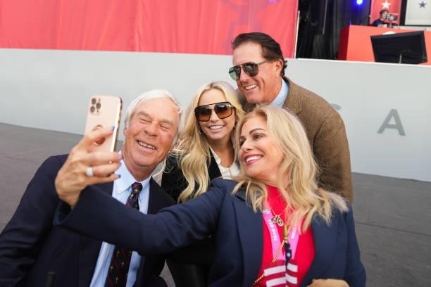 United States Ryder Cup Vice-Captain, Phil Mickelson and Amy Mickelson pose with spectators during the Post Ceremony for the 2020 Ryder Cup at...