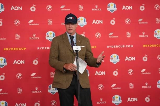 United States Ryder Cup Captain, Steve Stricker speaks during a press conference for the 2020 Ryder Cup at Whistling Straits on September 23, 2021 in...