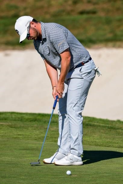 Ewen Ferguson of Scotland plays his third shot at the 17th hole during Day Two of the Open de Portugal at Royal Obidos at Royal Obidos Spa & Golf...