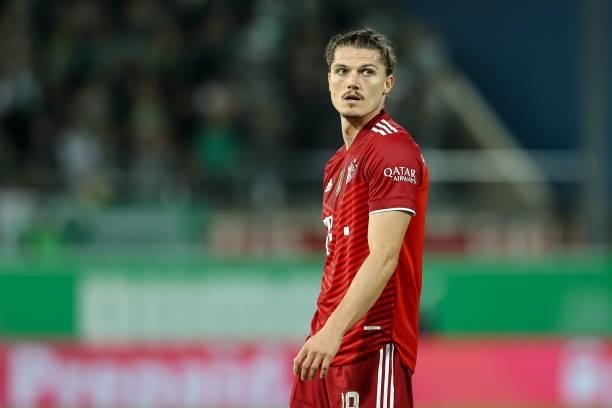 Marcel Sabitzer of Bayern Muenchen looks on during the Bundesliga match between SpVgg Greuther Fuerth and FC Bayern Muenchen at Sportpark Ronhof...
