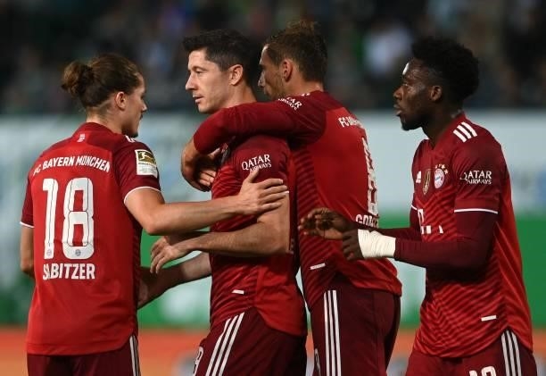 Bayern Munich's Austrian Marcel Sabitzer, Bayern Munich's Polish striker Robert Lewandowski, Bayern Munich's defender Leon Goretzka and Bayern...