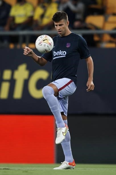 Gerard Pique of Barcelona during the La Liga Santander match between Cadiz CF and FC Barcelona at Estadio Nuevo Mirandilla on September 23, 2021 in...