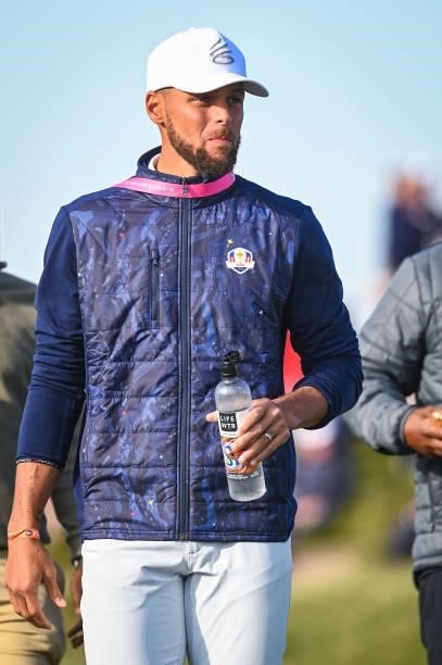 Player Stephen Curry follows action during Friday Afternoon Four-ball Matches of the 43rd Ryder Cup at Whistling Straits on September 24, 2021 in...