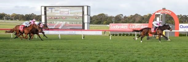 Thought Of That ridden by Josh Richards wins the Evergreen Turf Handicap at Ladbrokes Park Hillside Racecourse on September 25, 2021 in Springvale,...