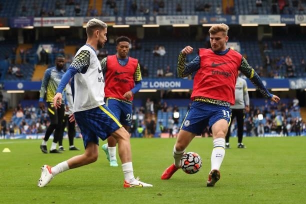 Jorginho and Timo Werner of Chelsea during the warm up before the Premier League match between Chelsea and Manchester City at Stamford Bridge on...