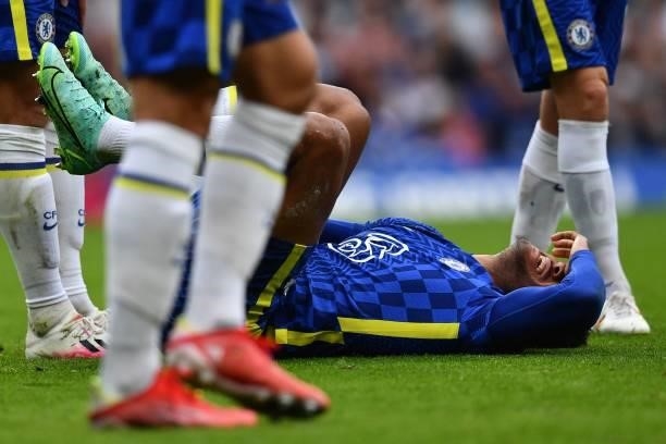 Chelsea's English defender Reece James reacts to an injury during the English Premier League football match between Chelsea and Manchester City at...