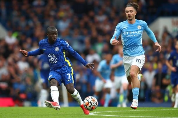 Golo Kante of Chelsea in action with Jack Grealish of Manchester City during the Premier League match between Chelsea and Manchester City at Stamford...