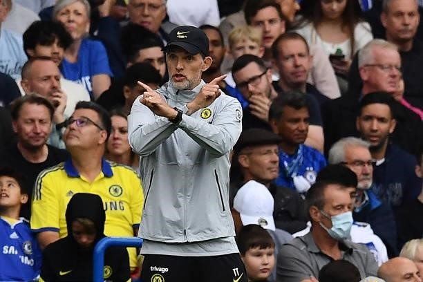 Chelsea's German head coach Thomas Tuchel gestures from the side-lines during the English Premier League football match between Chelsea and...