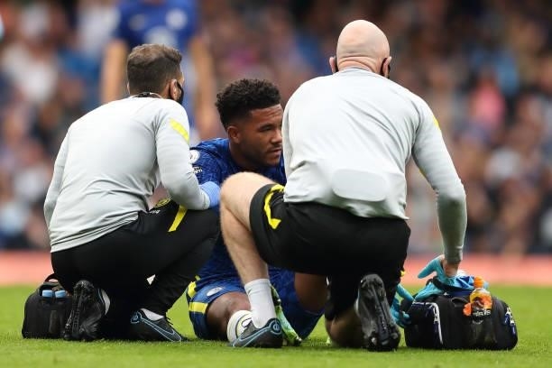 Reece James of Chelsea goes down with an injury during the Premier League match between Chelsea and Manchester City at Stamford Bridge on September...