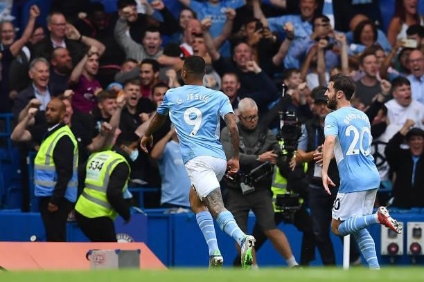 Manchester City's Brazilian striker Gabriel Jesus celebrates scoring his team's first goal during the English Premier League football match between...