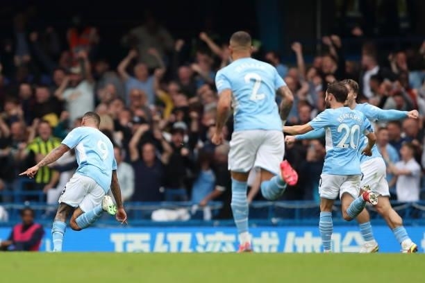 Gabriel Jesus of Manchester City celebrates after scoring a goal to make it 0-1 during the Premier League match between Chelsea and Manchester City...