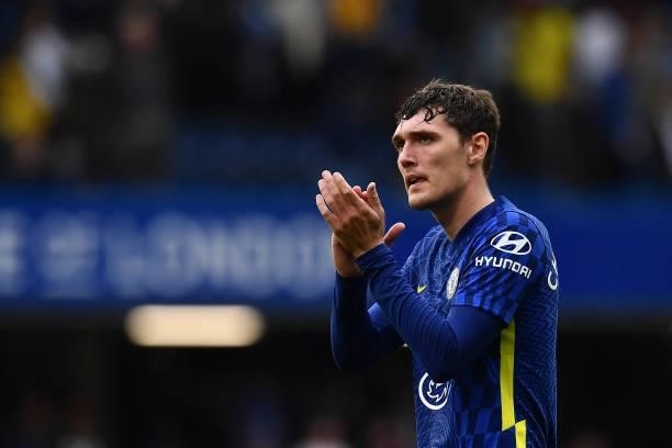 Chelsea's Danish defender Andreas Christensen reacts at the final whistle during the English Premier League football match between Chelsea and...