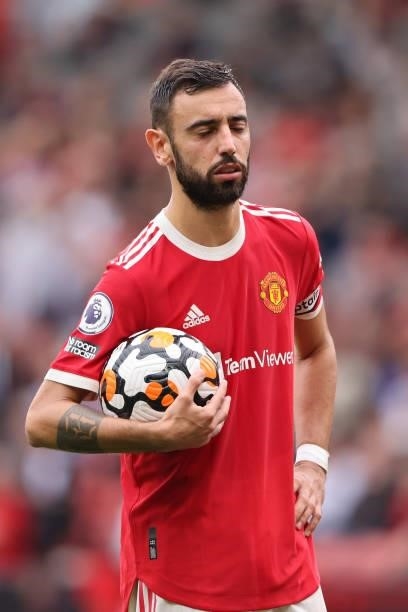 Dejected Bruno Fernandes of Manchester United misses a penalty during the Premier League match between Manchester United and Aston Villa at Old...