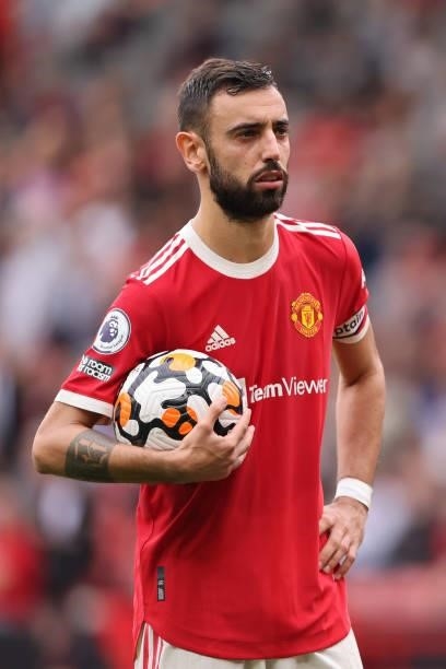 Dejected Bruno Fernandes of Manchester United misses a penalty during the Premier League match between Manchester United and Aston Villa at Old...