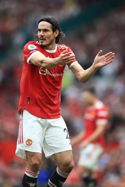 Edinson Cavani of Manchester United gestures during the Premier League match between Manchester United and Aston Villa at Old Trafford on September...